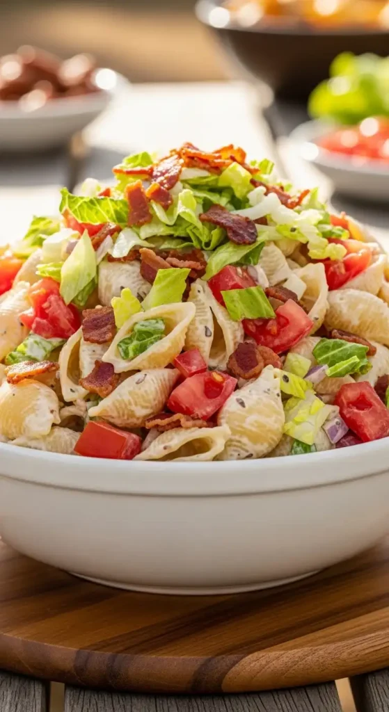 15 Best Summer Pasta Salad Recipes for Your Next Gathering 4 BLT pasta salad featuring crispy bacon, lettuce, and tomatoes with creamy dressing