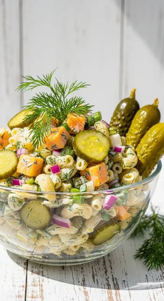 15 Best Summer Pasta Salad Recipes for Your Next Gathering 8 Dill pickle pasta salad with cheddar cheese, pickles, and creamy dill dressing