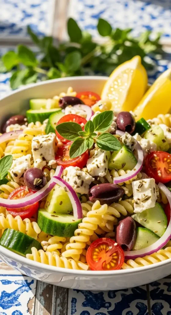 15 Best Summer Pasta Salad Recipes for Your Next Gathering 9 Greek pasta salad with feta, olives, cucumbers, and fresh lemon-herb vinaigrette