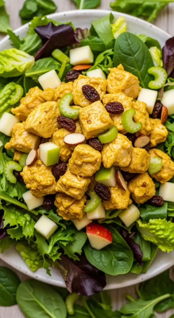 High-Protein Chicken Salad Recipes for Meal Prep: 7 Easy Ideas for the Week 9 Curry chicken salad with apples and almonds on mixed greens