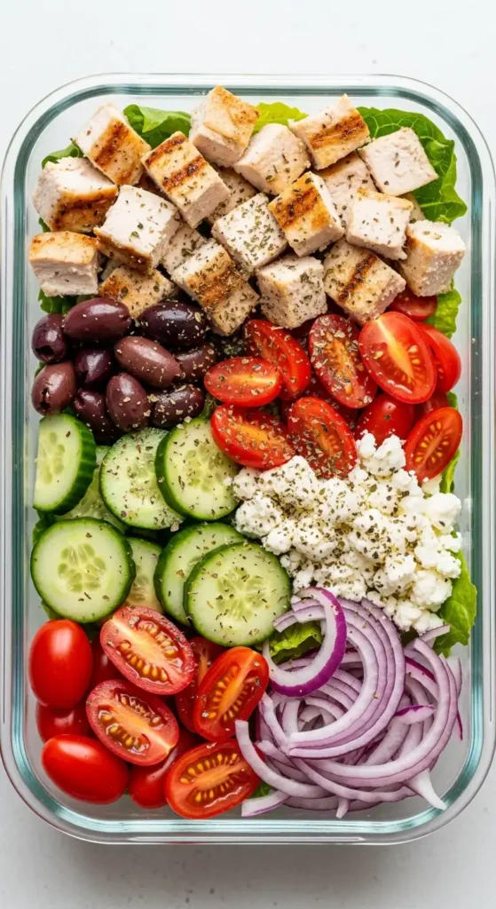 High-Protein Chicken Salad Recipes for Meal Prep: 7 Easy Ideas for the Week 3 Greek chicken salad meal prep bowl with feta cheese and olives