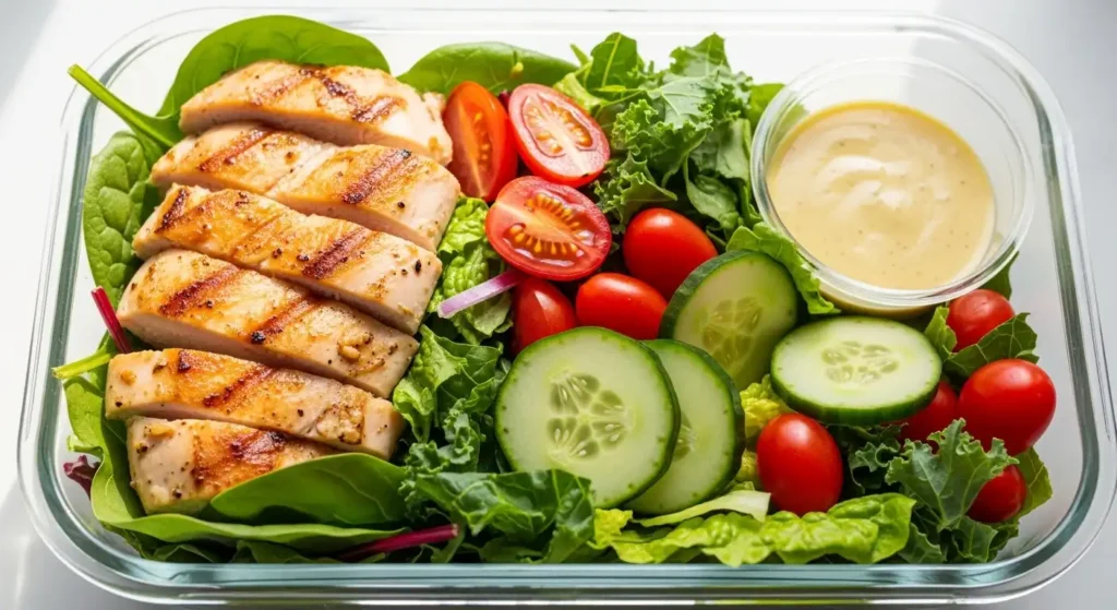 High-Protein Chicken Salad Recipes for Meal Prep: 7 Easy Ideas for the Week 1 High-protein chicken salad in glass meal prep container with separate dressing