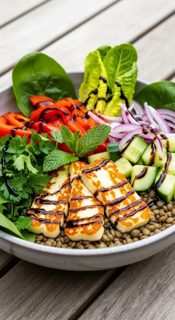 Mediterranean Diet Salad Bowl Recipes: 10 Healthy & Easy Ideas for 2026 7 Greek-style lentil and halloumi bowl with grilled cheese, cucumbers, tomatoes, and fresh herbs