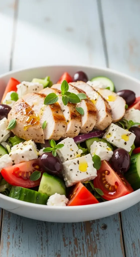 Mediterranean Diet Salad Bowl Recipes: 10 Healthy & Easy Ideas for 2026 4 Classic Greek salad bowl with grilled chicken, feta cheese, olives, and fresh vegetables