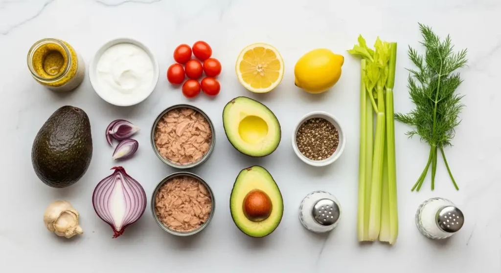 Healthy Tuna Salad Recipe No Mayo (Easy & High Protein) 3 All ingredients for healthy tuna salad recipe without mayo arranged on white marble including tuna, avocado, and Greek yogurt