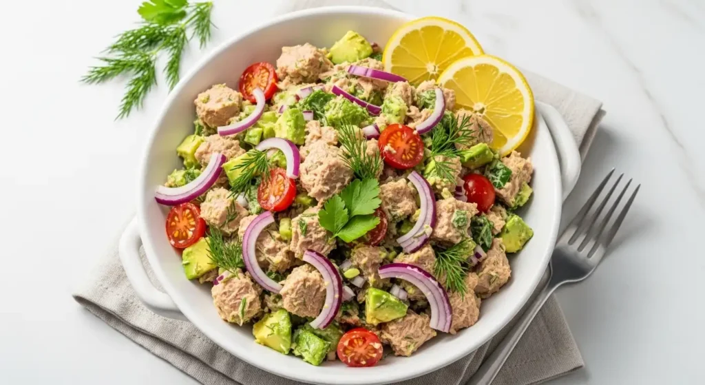 Healthy Tuna Salad Recipe No Mayo (Easy & High Protein) 1 Fresh healthy tuna salad without mayo in white bowl with avocado, tomatoes, and herbs on marble counter