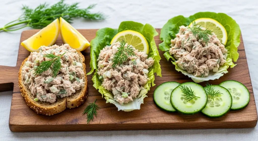 Healthy Tuna Salad Recipe No Mayo (Easy & High Protein) 6 Healthy tuna salad without mayo served on toast, lettuce cups, and cucumbers on wooden board