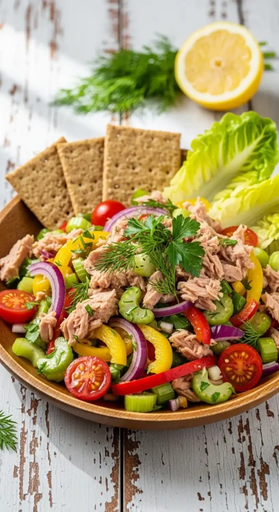 Healthy Tuna Salad Recipe No Mayo (Easy & High Protein) 2 Pinterest pin for healthy tuna salad recipe without mayo showing finished dish and ingredients