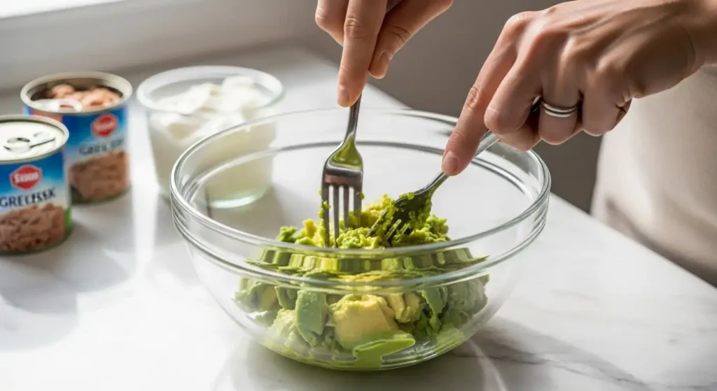 Healthy Tuna Salad Recipe No Mayo (Easy & High Protein) 4 Hand mashing ripe avocado with fork in glass bowl for healthy mayo-free tuna salad