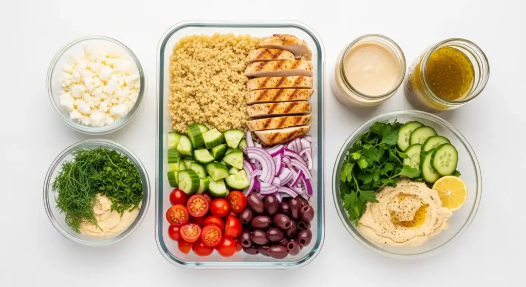 Mediterranean Diet Salad Bowl Recipes: 10 Healthy & Easy Ideas for 2026 14 Organized meal prep containers with Mediterranean salad bowl ingredients ready for the week