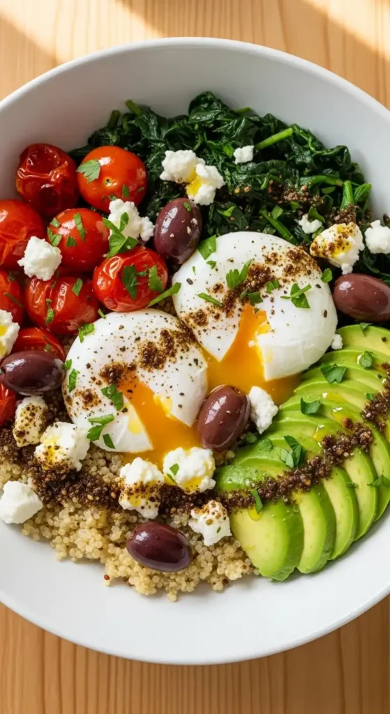 Mediterranean Diet Salad Bowl Recipes: 10 Healthy & Easy Ideas for 2026 11 Mediterranean breakfast bowl with poached eggs, roasted tomatoes, quinoa, avocado, and feta cheese