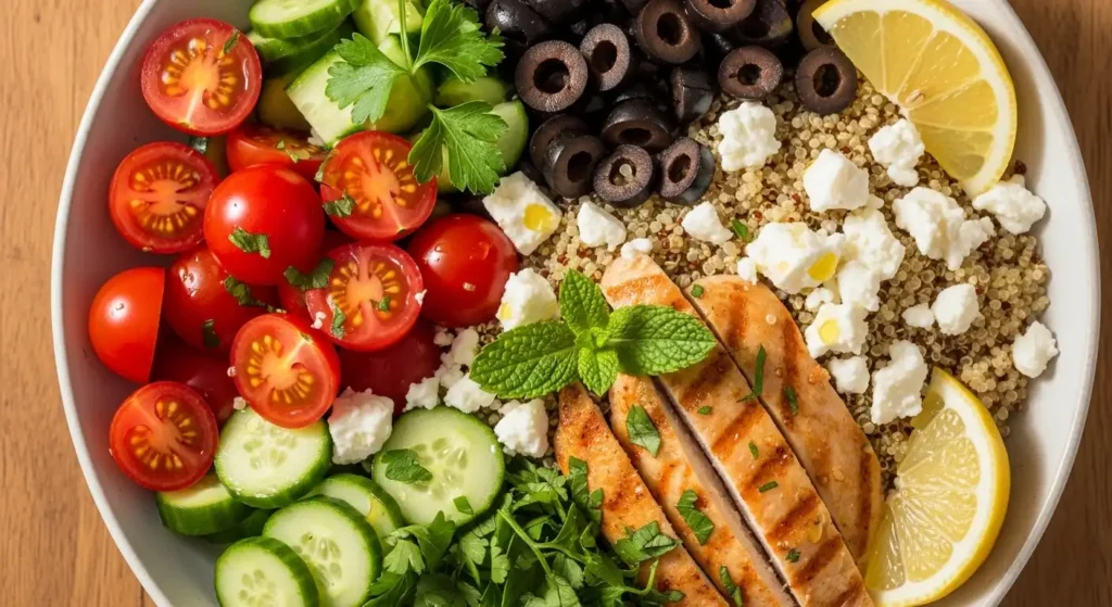 Mediterranean Diet Salad Bowl Recipes: 10 Healthy & Easy Ideas for 2026 1 Mediterranean diet salad bowl with fresh vegetables, feta cheese, olives, and grilled chicken on wooden table