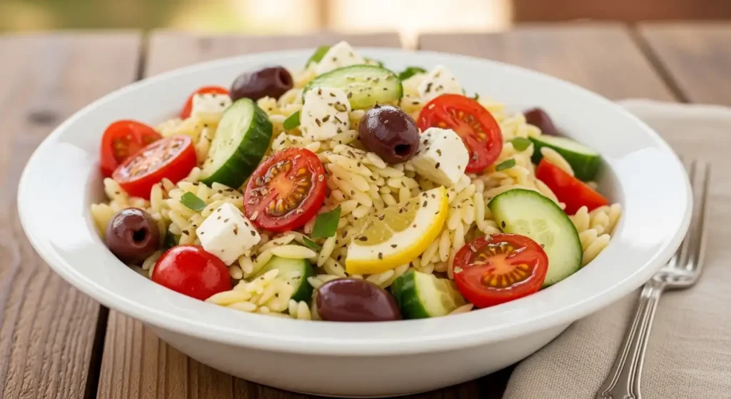 Mediterranean Orzo Pasta Salad (Fresh, Healthy & Ready in 20 Min) 1 Mediterranean orzo pasta salad with tomatoes, cucumbers, feta cheese, and olives in white bowl