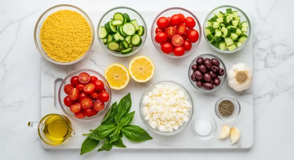 Mediterranean Orzo Pasta Salad (Fresh, Healthy & Ready in 20 Min) 2 All ingredients for Mediterranean orzo salad arranged on white marble counter including pasta, vegetables, and feta