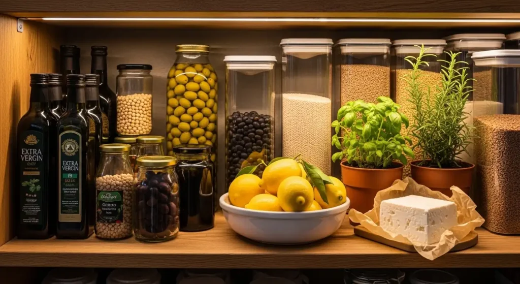 Mediterranean Diet Salad Bowl Recipes: 10 Healthy & Easy Ideas for 2026 3 Mediterranean diet pantry essentials including olive oil, olives, grains, and fresh herbs on rustic wooden shelves