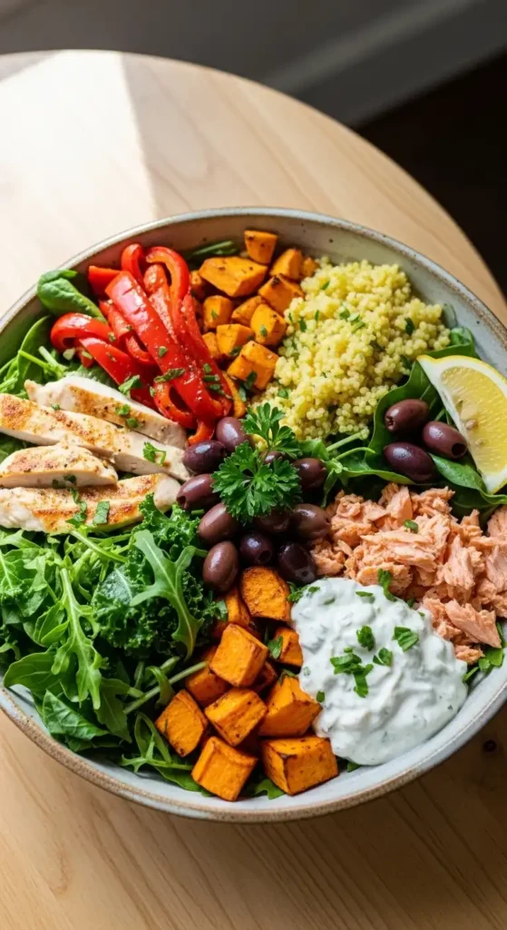 Mediterranean Diet Salad Bowl Recipes: 10 Healthy & Easy Ideas for 2026 13 Mediterranean power bowl with chicken, chickpeas, roasted vegetables, and quinoa arranged colorfully