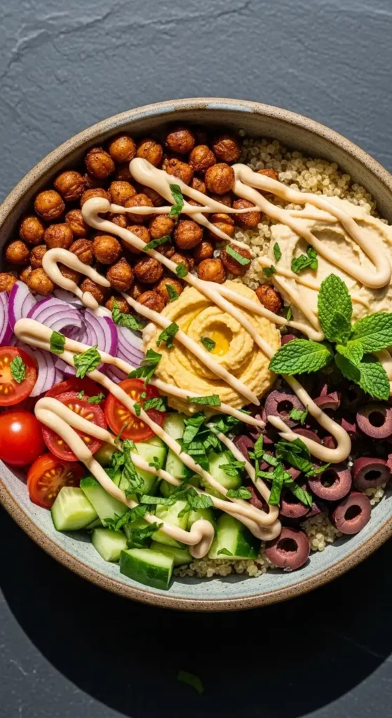 Mediterranean Diet Salad Bowl Recipes: 10 Healthy & Easy Ideas for 2026 5 Mediterranean quinoa salad bowl with roasted chickpeas, hummus, and fresh vegetables