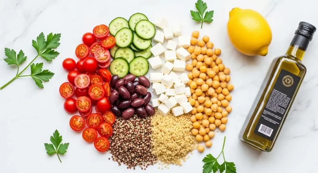Mediterranean Diet Salad Bowl Recipes: 10 Healthy & Easy Ideas for 2026 2 Fresh Mediterranean salad bowl ingredients including tomatoes, cucumbers, olives, feta cheese, and chickpeas arranged on marble surface