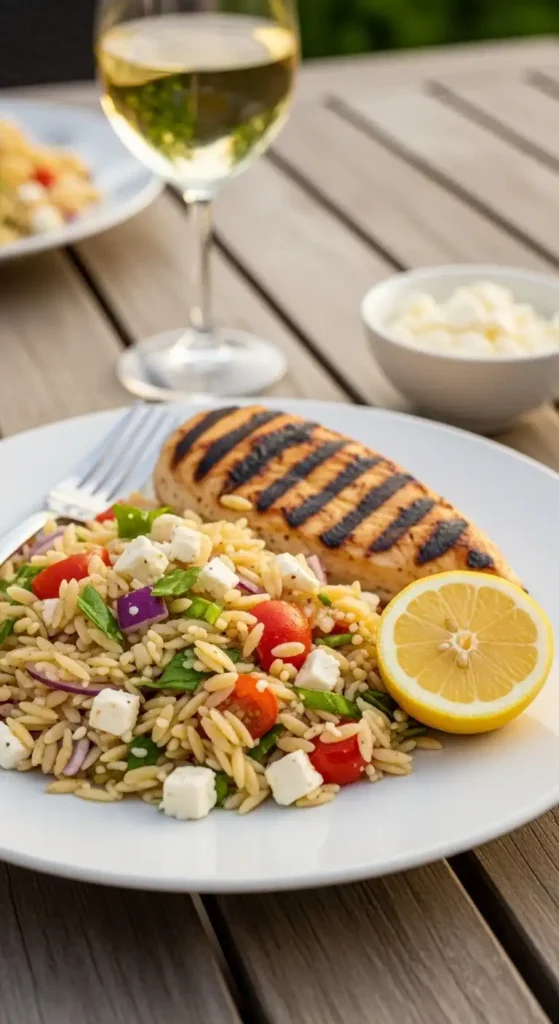 Mediterranean Orzo Pasta Salad (Fresh, Healthy & Ready in 20 Min) 5 Mediterranean orzo salad served with grilled chicken on white plate for summer dinner