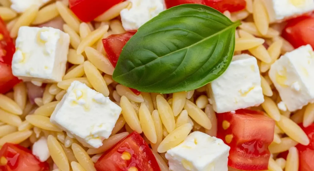 Mediterranean Orzo Pasta Salad (Fresh, Healthy & Ready in 20 Min) 4 Close-up of creamy feta cheese and fresh ingredients in Mediterranean orzo pasta salad