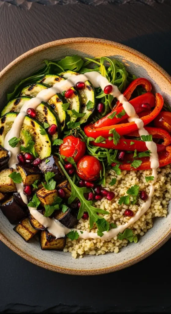 Mediterranean Diet Salad Bowl Recipes: 10 Healthy & Easy Ideas for 2026 9 Mediterranean roasted vegetable bowl with eggplant, zucchini, bulgur wheat, and tahini dressing