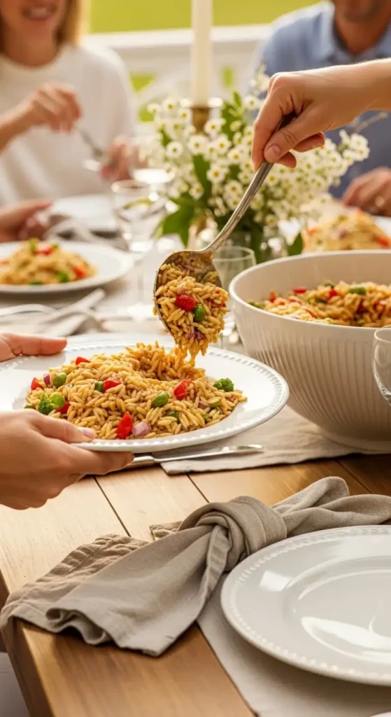 Mediterranean Orzo Pasta Salad (Fresh, Healthy & Ready in 20 Min) 6 Person serving Mediterranean orzo salad onto plates at summer family dinner gathering