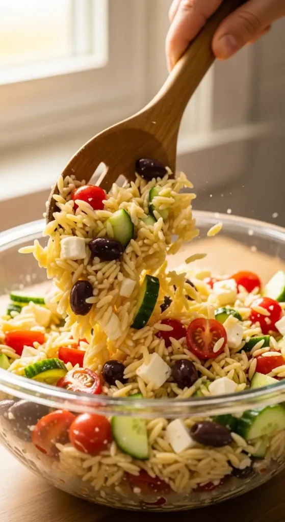 Mediterranean Orzo Pasta Salad (Fresh, Healthy & Ready in 20 Min) 3 Hand tossing Mediterranean orzo pasta salad with wooden spoons in glass bowl