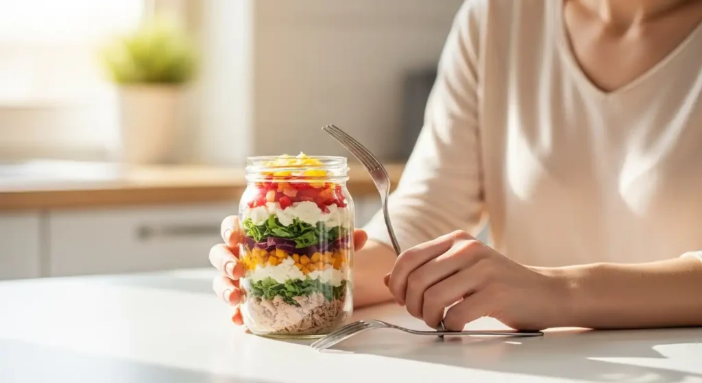 Healthy Tuna Salad Recipe No Mayo (Easy & High Protein) 7 Woman holding mason jar filled with healthy tuna salad for meal prep lunch