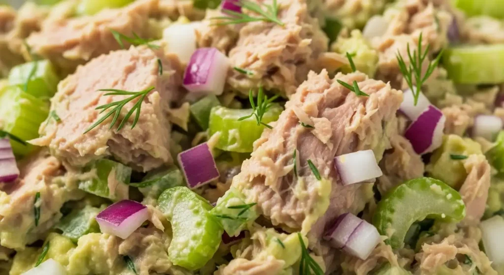Healthy Tuna Salad Recipe No Mayo (Easy & High Protein) 5 Close-up of creamy healthy tuna salad texture showing chunky tuna with avocado and fresh vegetables