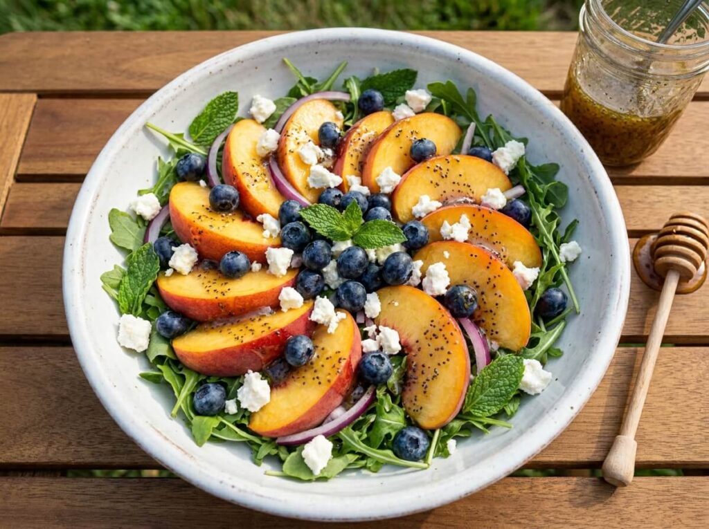 Blueberry Peach Feta Salad That's Always the First Thing Gone at Any Cookout 1 Blueberry peach feta salad in white bowl with honey poppyseed dressing drizzled over fresh arugula and mint