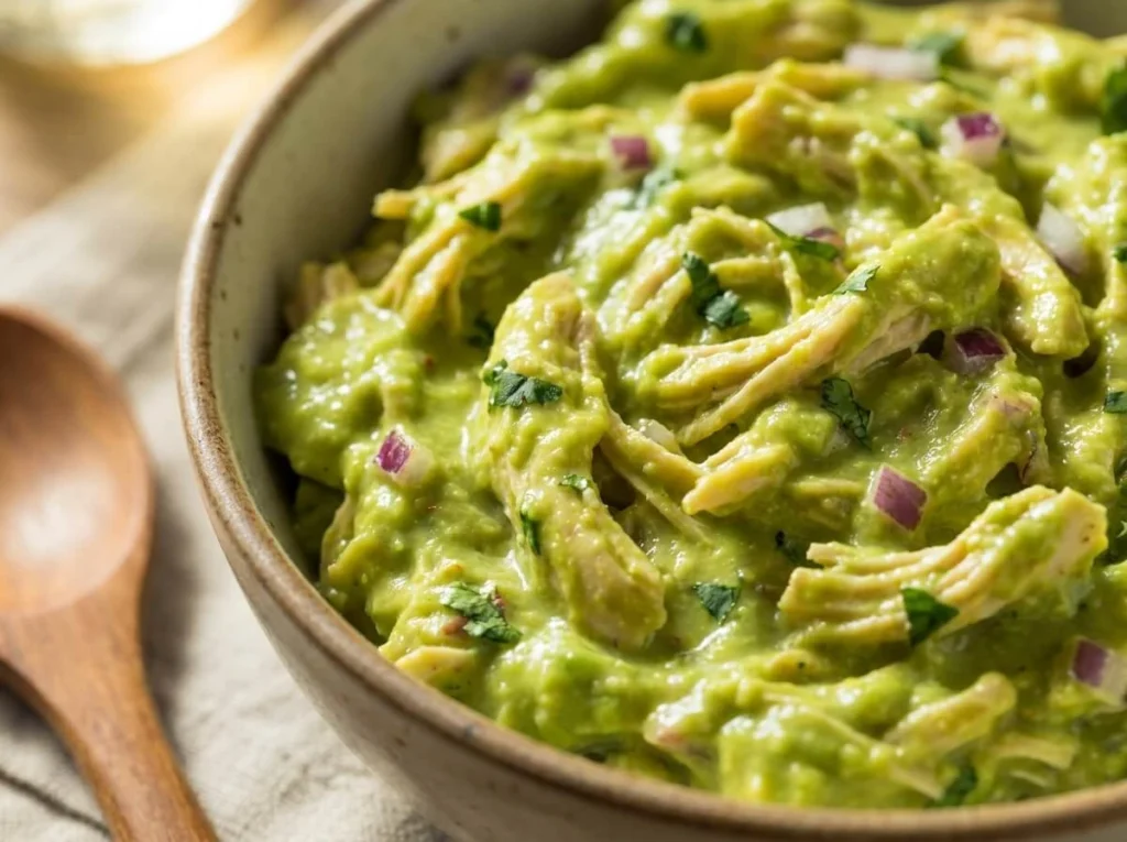 Creamy Avocado Chicken Salad - No Mayo, Done in 15 Minutes! 4 Close-up of creamy avocado coating on shredded chicken with herbs