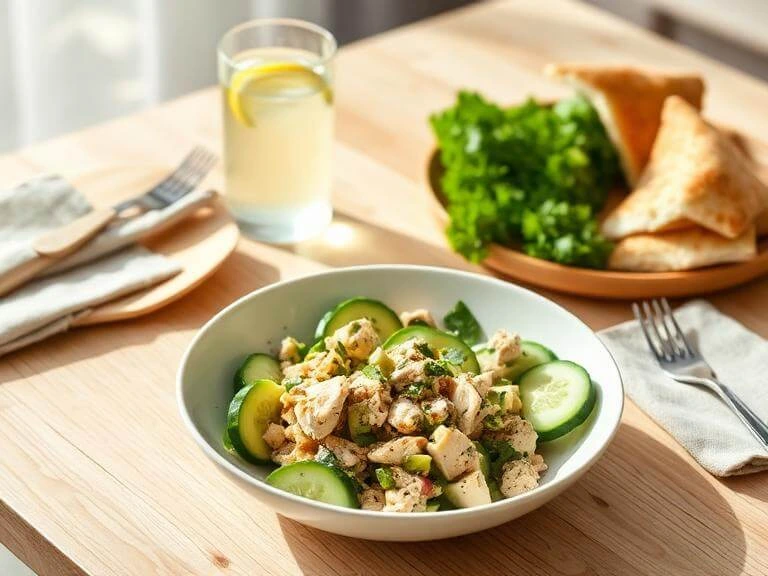 Creamy Avocado Chicken Salad - No Mayo, Done in 15 Minutes! 5 Avocado chicken salad served with pita and cucumber slices on a wood table