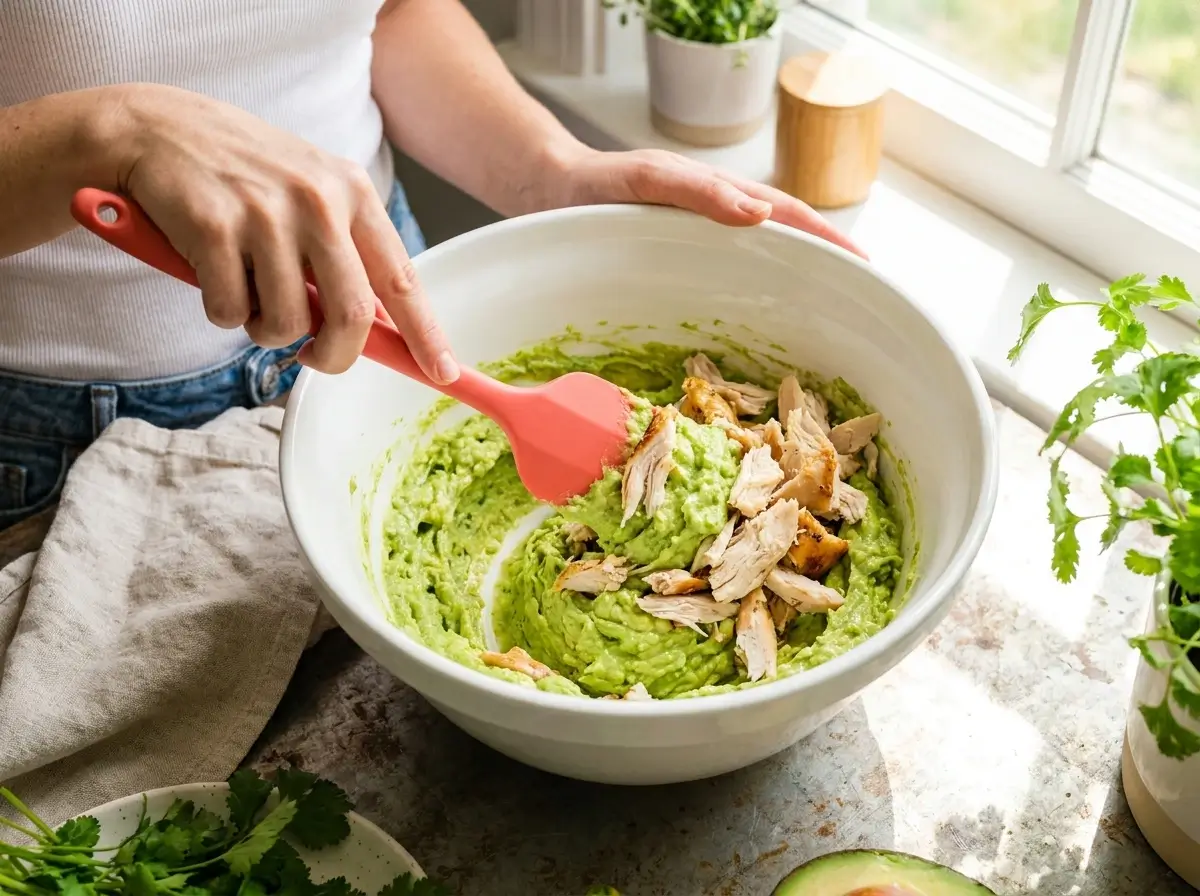 Creamy Avocado Chicken Salad - No Mayo, Done in 15 Minutes! 3 Mixing shredded chicken into mashed avocado in a white bowl