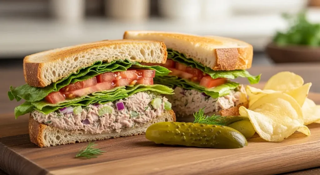 The Best Tuna Salad Sandwich Recipe (Ready in 10 Minutes!) 1 Classic tuna salad sandwich with creamy filling on whole wheat bread, cut in half on white plate