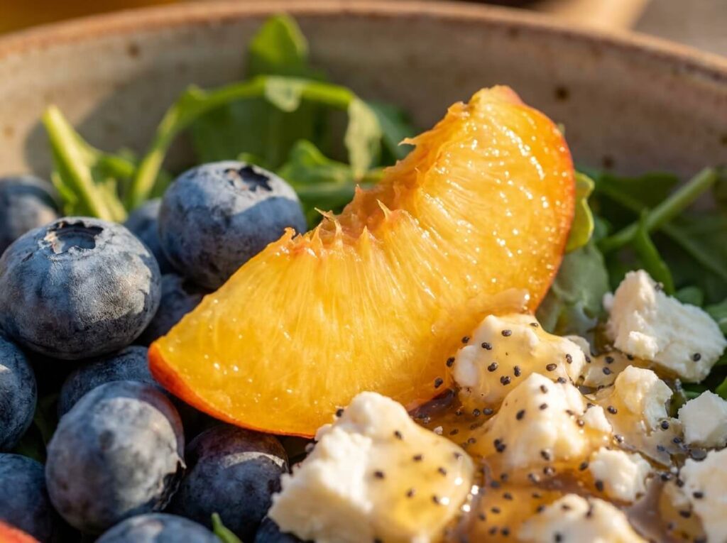 Blueberry Peach Feta Salad That's Always the First Thing Gone at Any Cookout 4 Close-up of blueberry peach feta salad showing creamy feta crumbles and honey poppyseed dressing