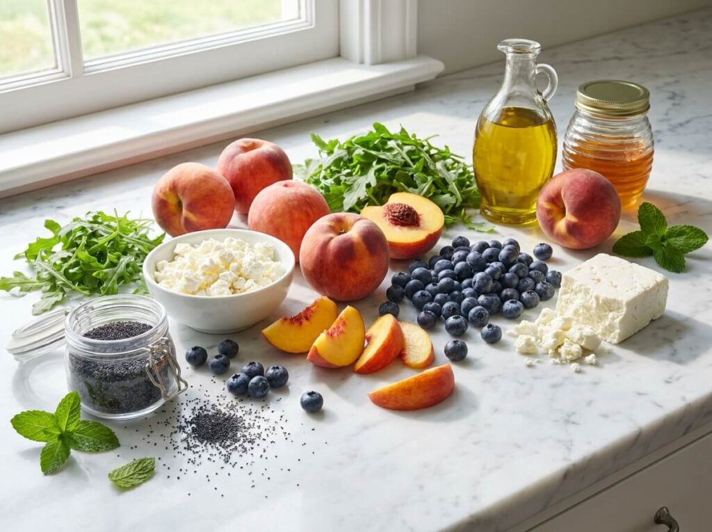 Blueberry Peach Feta Salad That's Always the First Thing Gone at Any Cookout 2 All ingredients for blueberry peach feta salad arranged on white marble including fresh peaches, blueberries, feta, and poppyseeds