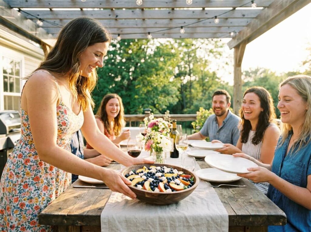 Blueberry Peach Feta Salad That's Always the First Thing Gone at Any Cookout 6 Woman serving blueberry peach feta salad at outdoor summer table with friends