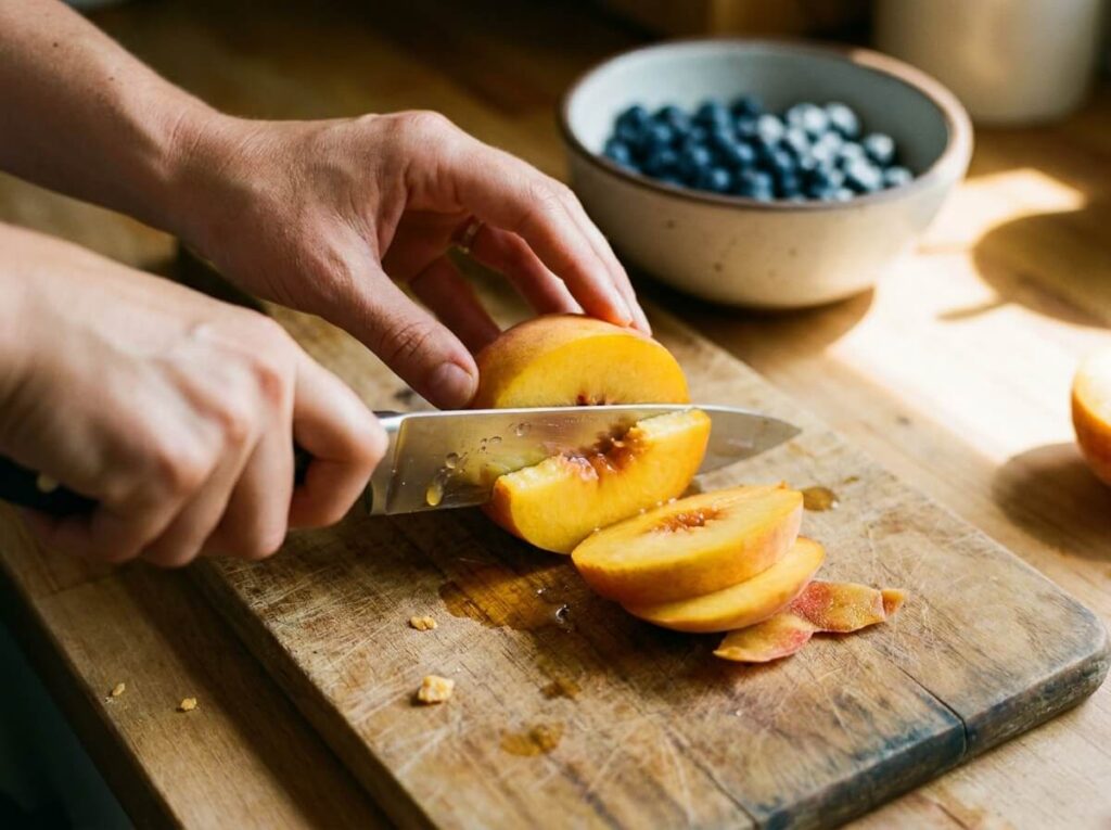 Blueberry Peach Feta Salad That's Always the First Thing Gone at Any Cookout 3 Hands slicing ripe peaches on wooden cutting board to prepare blueberry peach feta salad