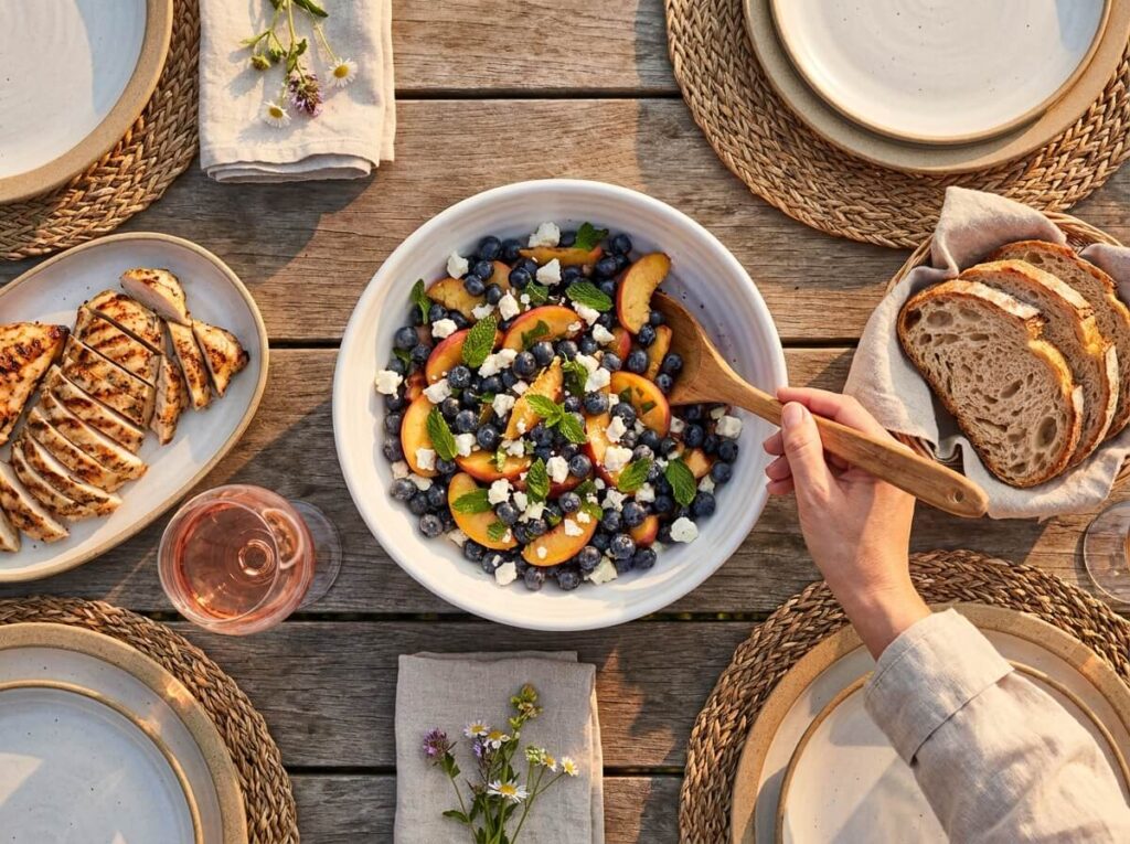 Blueberry Peach Feta Salad That's Always the First Thing Gone at Any Cookout 5 Blueberry peach feta salad served on summer dinner table with grilled chicken and rosé wine