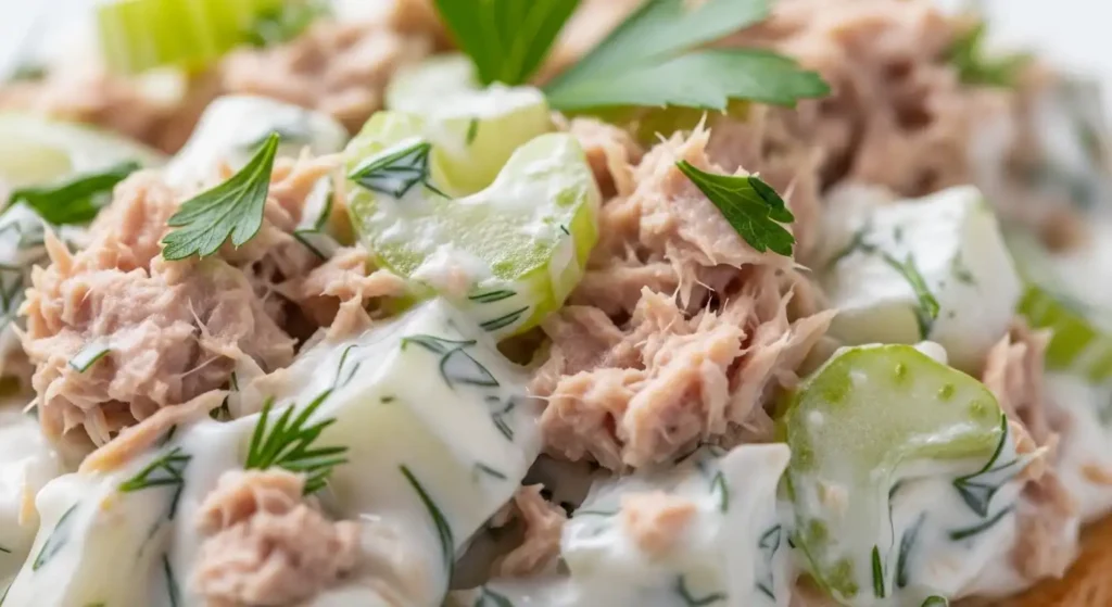 The Best Tuna Salad Sandwich Recipe (Ready in 10 Minutes!) 5 Close-up of creamy tuna salad showing texture with celery chunks and fresh herbs