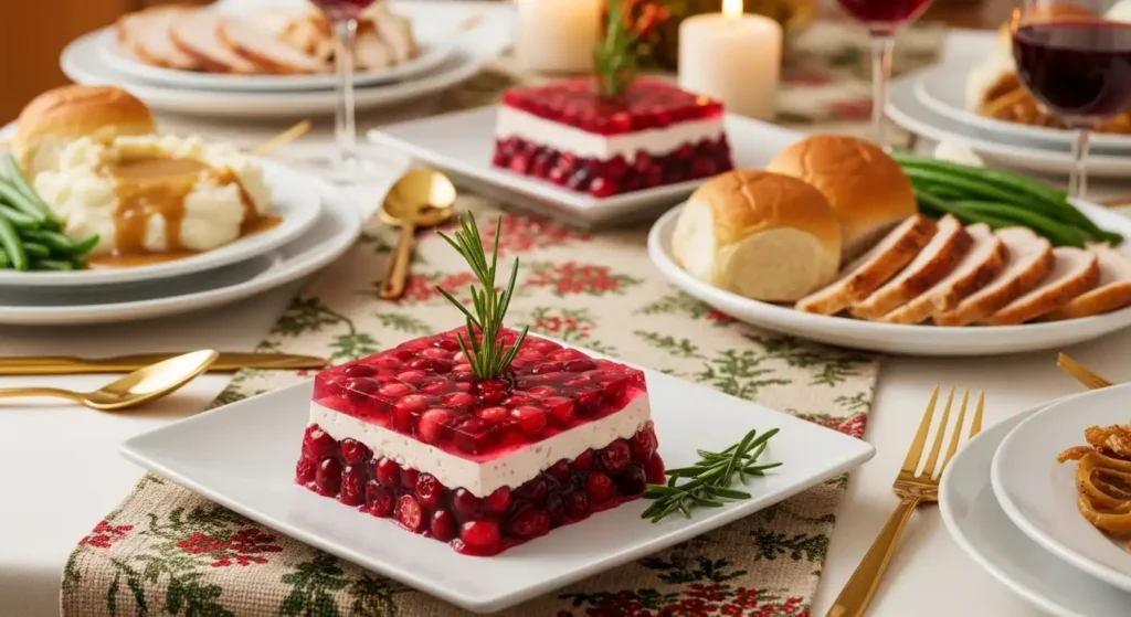 Classic Cranberry Gelatin Salad (Grandma's Secret Recipe!) 6 Cranberry gelatin salad served with turkey, mashed potatoes, and vegetables on Thanksgiving dinner table