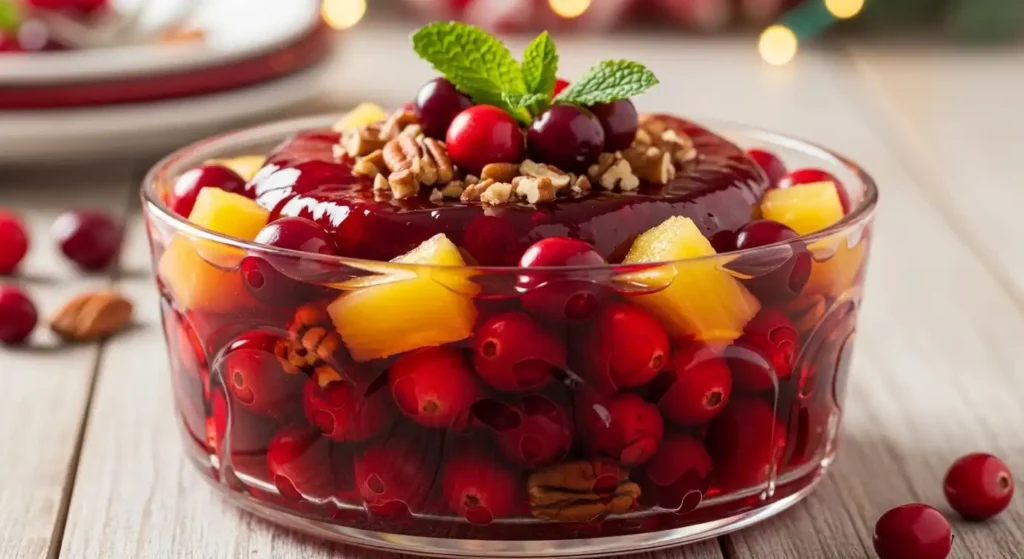 Classic Cranberry Gelatin Salad (Grandma's Secret Recipe!) 1 Classic cranberry gelatin salad with fresh cranberries, pineapple, and pecans in clear glass dish