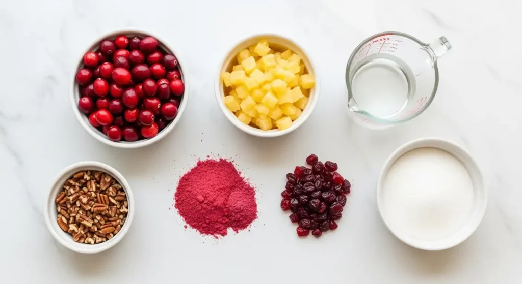 Classic Cranberry Gelatin Salad (Grandma's Secret Recipe!) 3 All ingredients for cranberry gelatin salad arranged on white marble counter including fresh cranberries, pineapple, and Jell-O