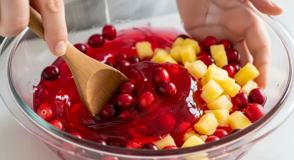 Classic Cranberry Gelatin Salad (Grandma's Secret Recipe!) 4 Hand stirring fresh cranberries and pineapple into red Jell-O mixture with wooden spoon in glass bowl