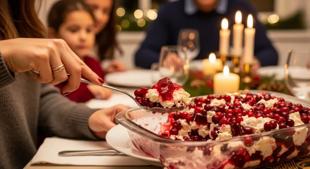 Classic Cranberry Gelatin Salad (Grandma's Secret Recipe!) 7 Person serving cranberry gelatin salad at family holiday dinner table