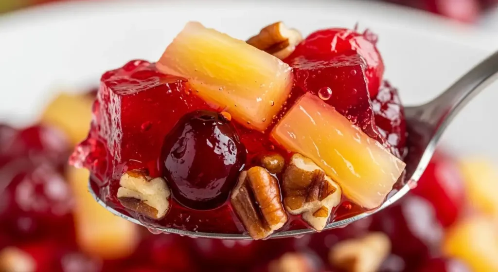 Classic Cranberry Gelatin Salad (Grandma's Secret Recipe!) 5 Close-up of cranberry gelatin salad texture showing fresh cranberries, pineapple, and pecans in ruby-red Jell-O