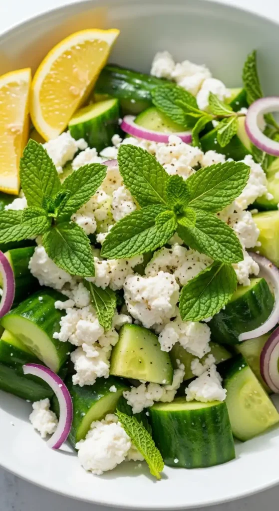 18 Cucumber Salad Recipes (Fresh & Easy!) 14 Cucumber feta salad with fresh mint, lemon, and crumbled feta cheese