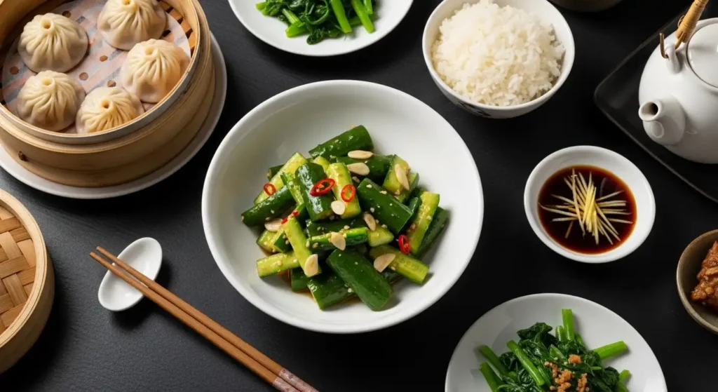Din Tai Fung Cucumber Salad Recipe (Better Than Takeout!) 5 Chinese dinner table with dumplings and cucumber salad