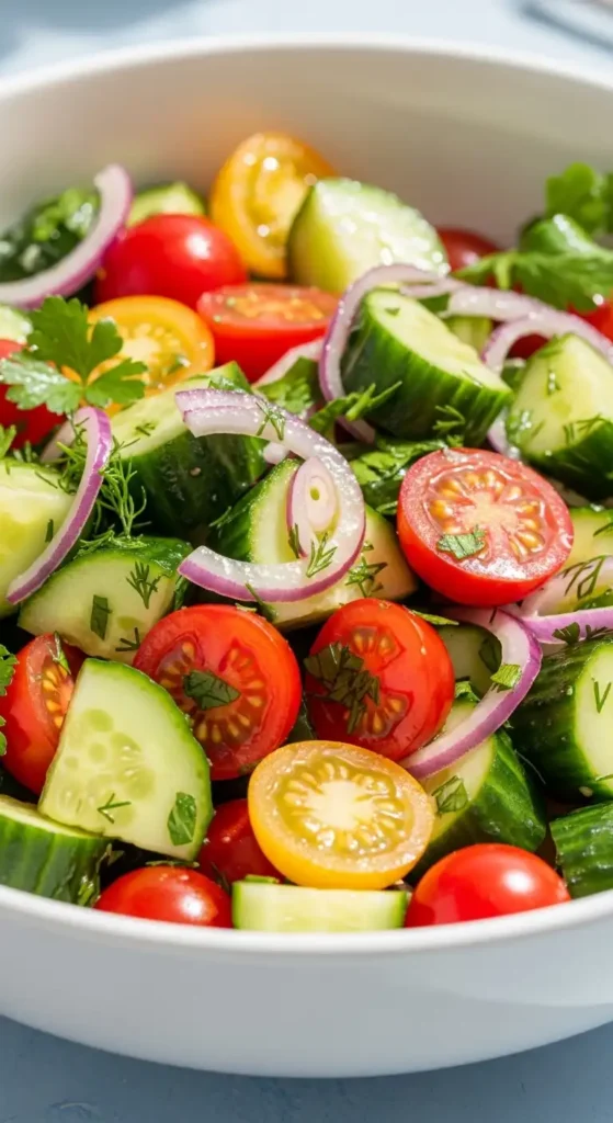 18 Cucumber Salad Recipes (Fresh & Easy!) 4 Fresh cucumber tomato salad with red onion and herb vinaigrette