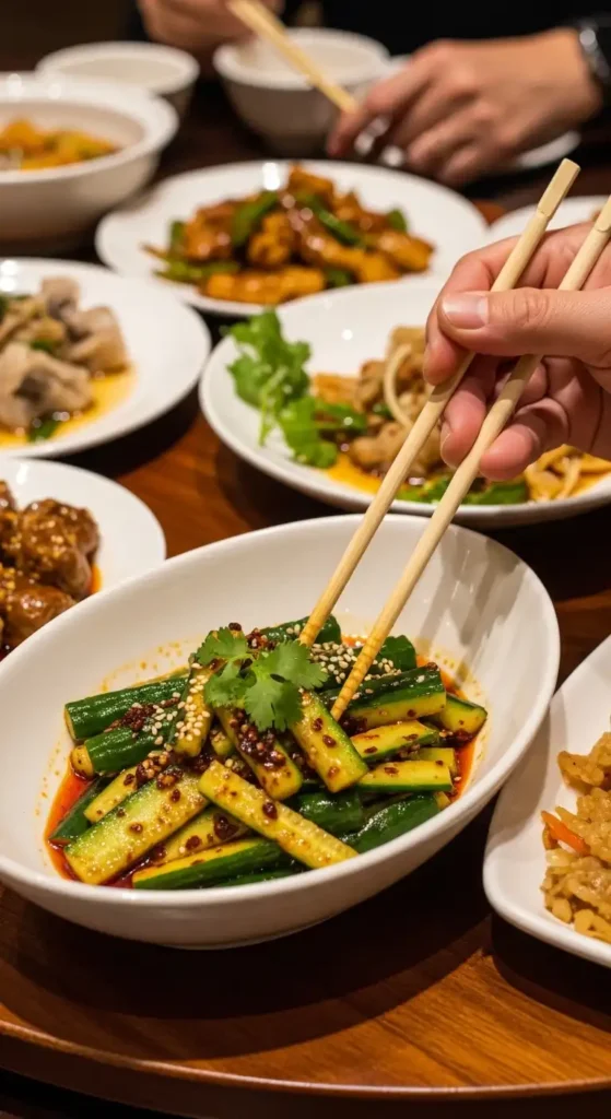 Din Tai Fung Cucumber Salad Recipe (Better Than Takeout!) 1 Hands with chopsticks reaching for Din Tai Fung cucumber salad at family Chinese dinner table
